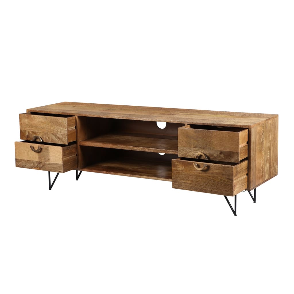 63 Inch Mango Wood TV Cabinet with Spacious Storage Natural Brown and Black UPT-195118