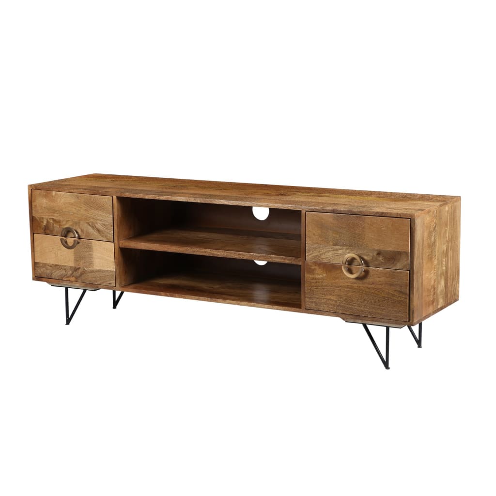 63 Inch Mango Wood TV Cabinet with Spacious Storage Natural Brown and Black UPT-195118