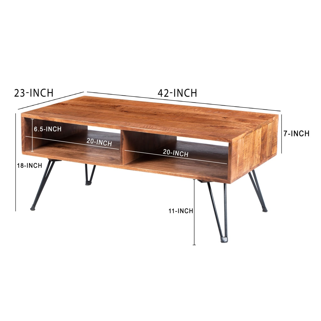 42 Inch Handcrafted Mango Wood Coffee Table with Metal Hairpin Legs Brown and Black UPT-195121