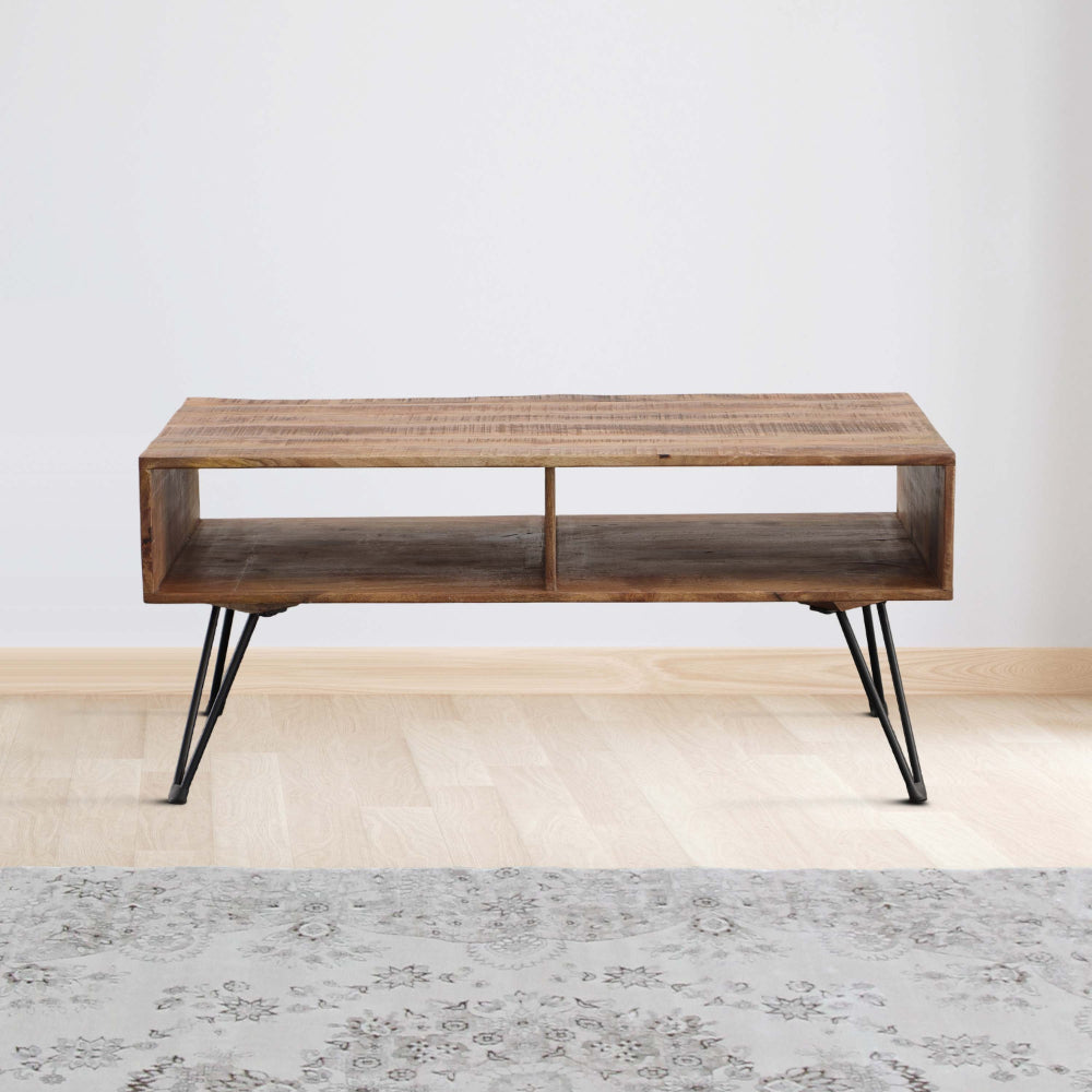 42 Inch Handcrafted Mango Wood Coffee Table with Metal Hairpin Legs Brown and Black UPT-195121