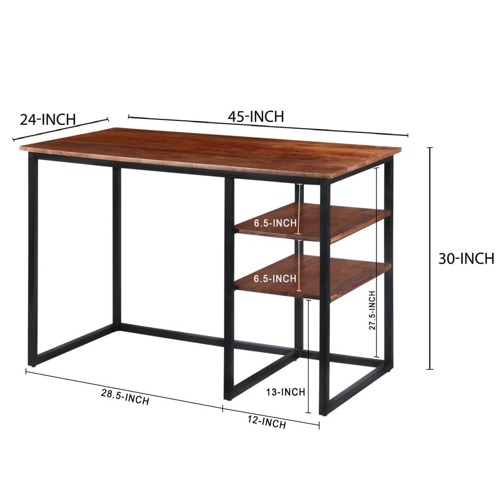 45 Inch Tubular Metal Frame Desk with Wooden Top and 2 Side Shelves Brown and Black UPT-195123