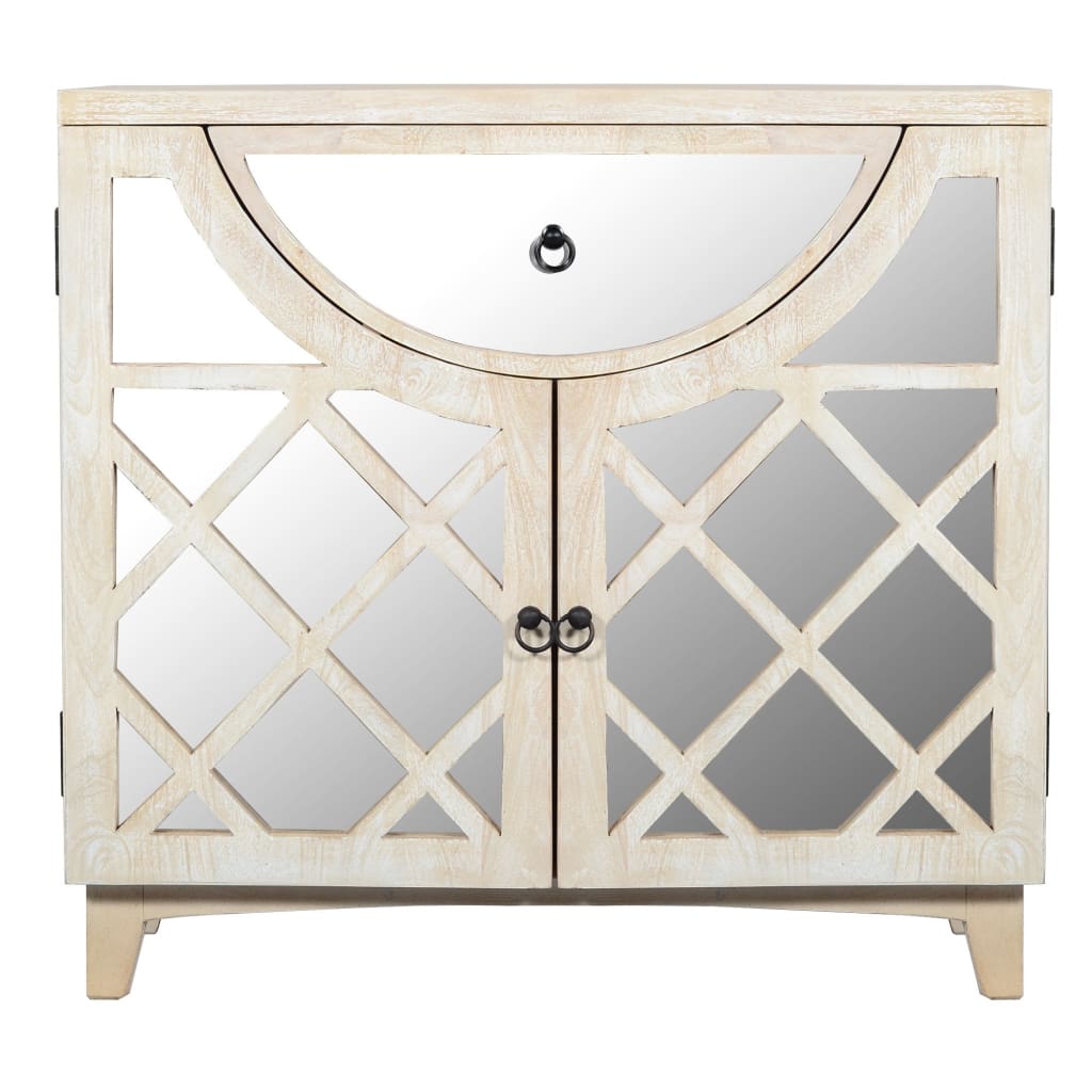 Mango Wood Cabinet with Mirrored look Steel Insert Door Storage Beige UPT-195275