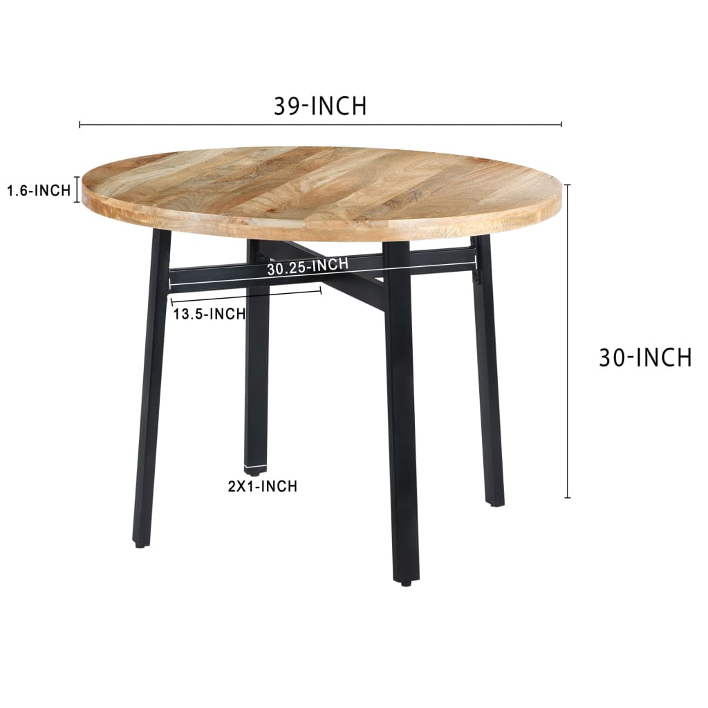 39 Inch Round Mango Wood Dining Table with Angled Iron Leg Support Brown and Black UPT-195277