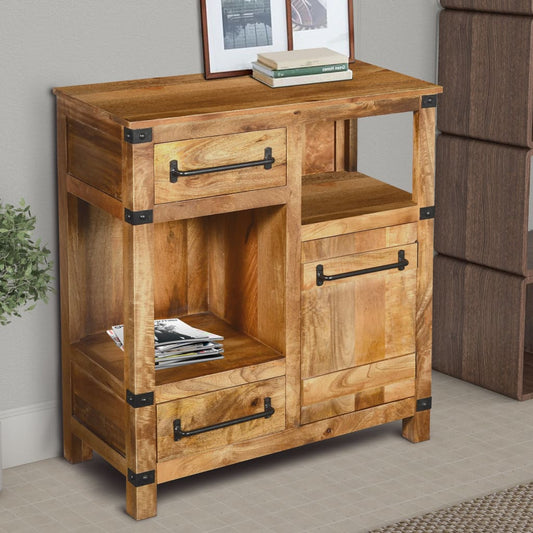 Wooden Cabinet with 2 Spacious Drawers and 2 Open Shelves, Brown and Black