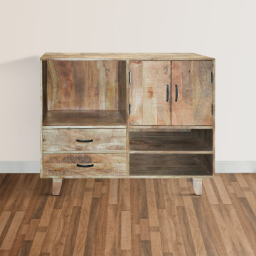 43 Inch Handcrafted Farmhouse Mango Wood Storage Buffet Cabinet with 2 Drawers Rustic Brown By The Urban Port UPT-197306