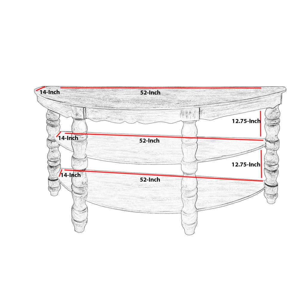 Half moon Shaped Wooden Console Table with 2 Shelves and Turned Legs Gray By The Urban Port UPT-197310