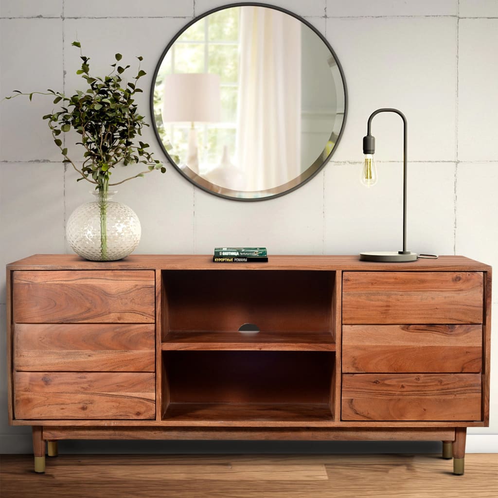 Handcrafted Wooden TV Console with Live Edge Shutter Door Cabinets, Brown By The Urban Port