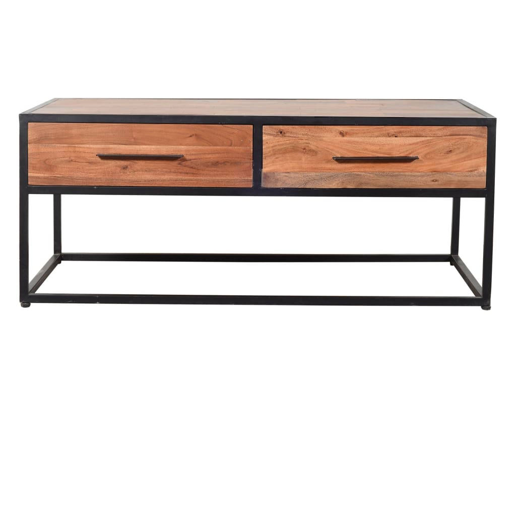 2 Drawer Industrial Metal Coffee Table with Wooden Tile Top Brown and Black By The Urban Port UPT-197873