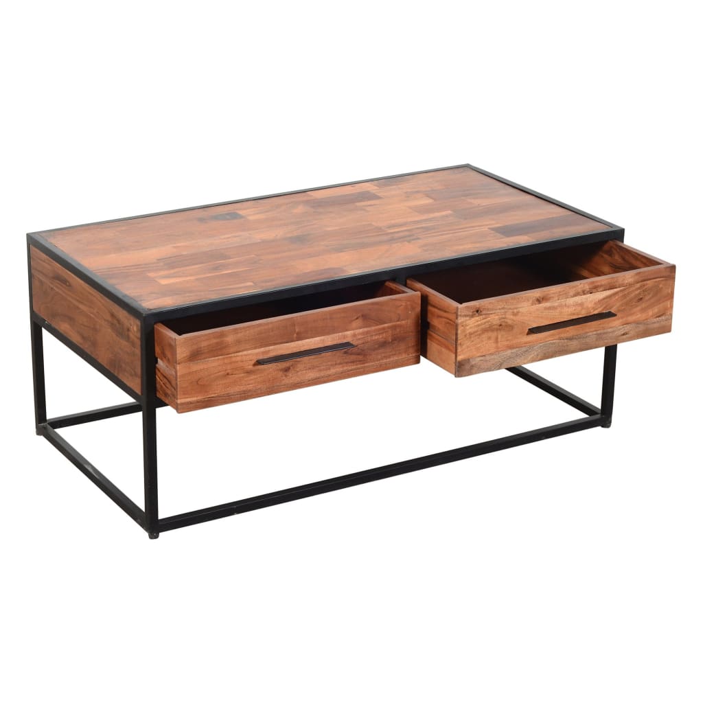 2 Drawer Industrial Metal Coffee Table with Wooden Tile Top Brown and Black By The Urban Port UPT-197873