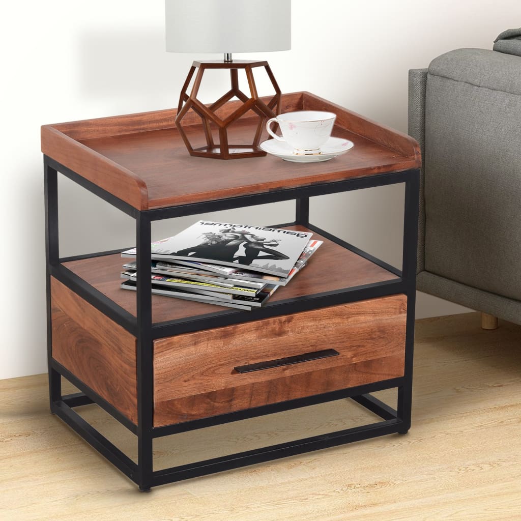 Handcrafted Industrial Metal End Table with Wooden Drawer, Brown and Black By The Urban Port