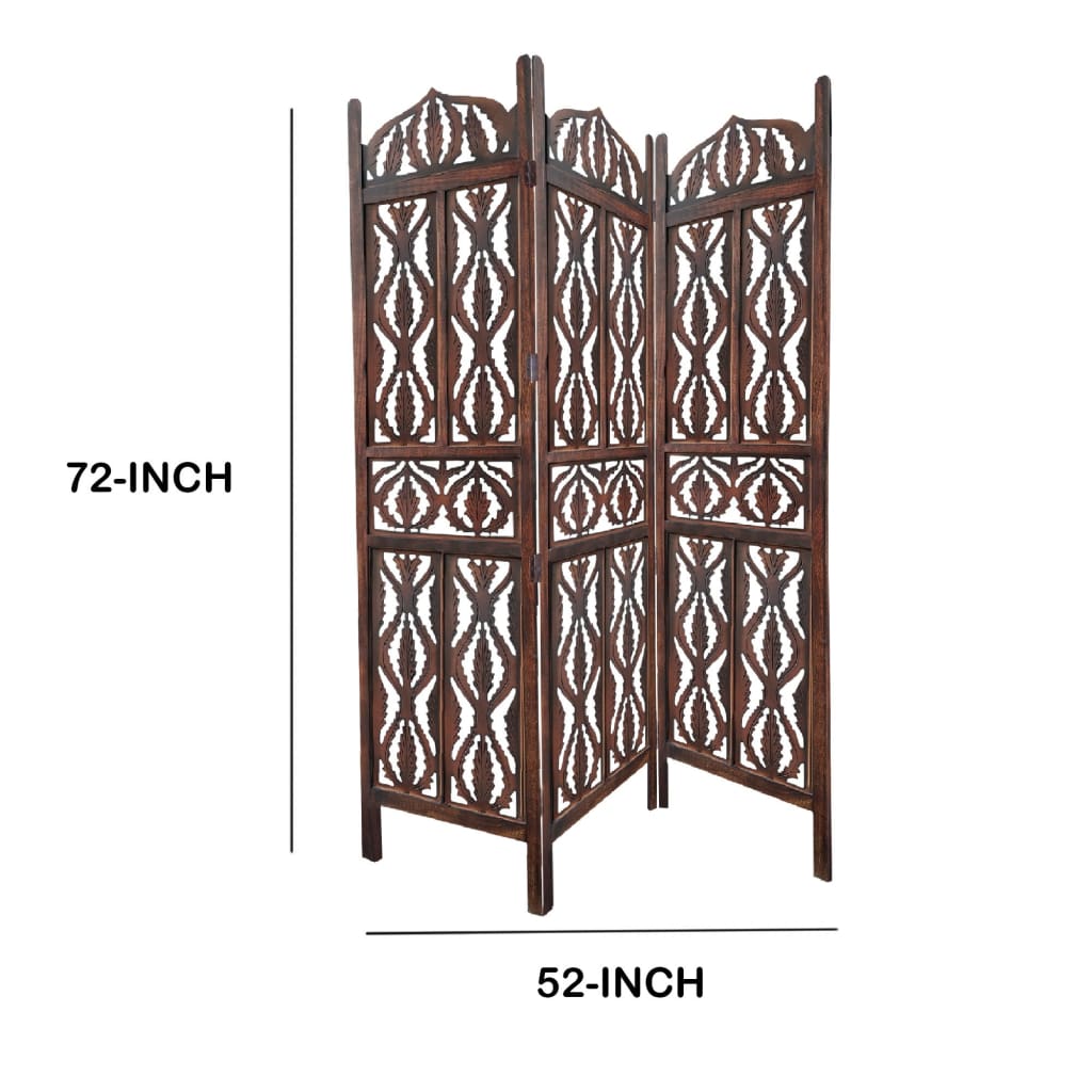 Decorative 3 Panel Mango Wood Screen with Abstract Carvings Brown UPT-200175