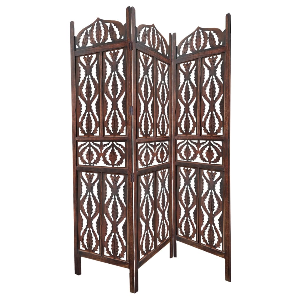 Decorative 3 Panel Mango Wood Screen with Abstract Carvings Brown UPT-200175