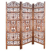 Handcrafted 3 Panel Mango Wood Screen with Cutout Filigree Carvings Brown UPT-200176