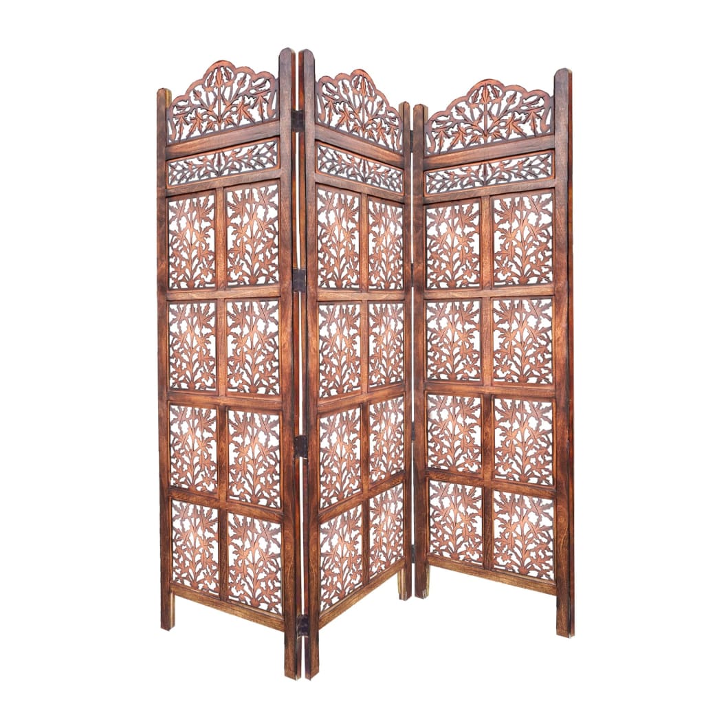 3 Panel Mango Wood Screen with Intricate Cutout Carvings Brown By The Urban Port UPT-200177