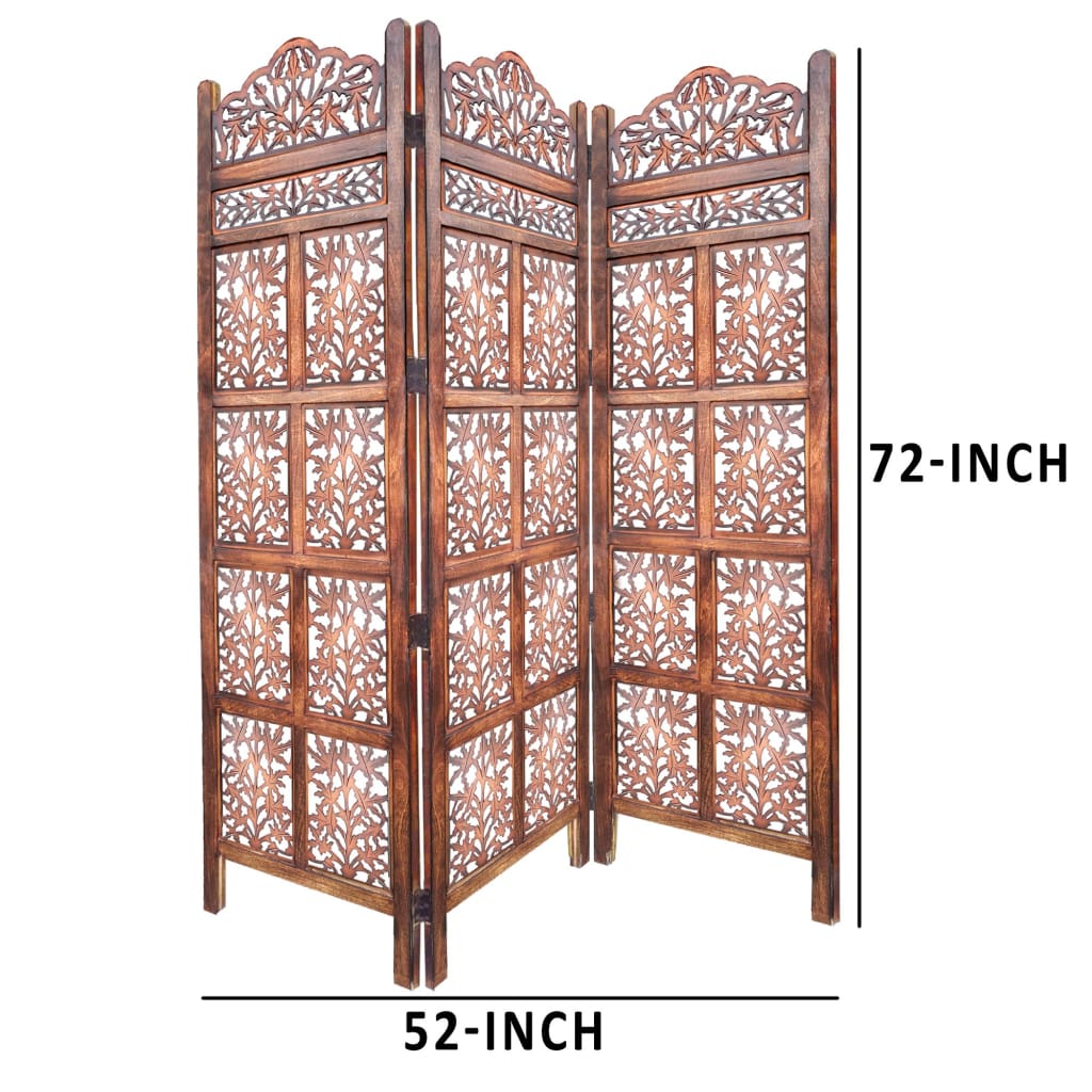 3 Panel Mango Wood Screen with Intricate Cutout Carvings Brown By The Urban Port UPT-200177