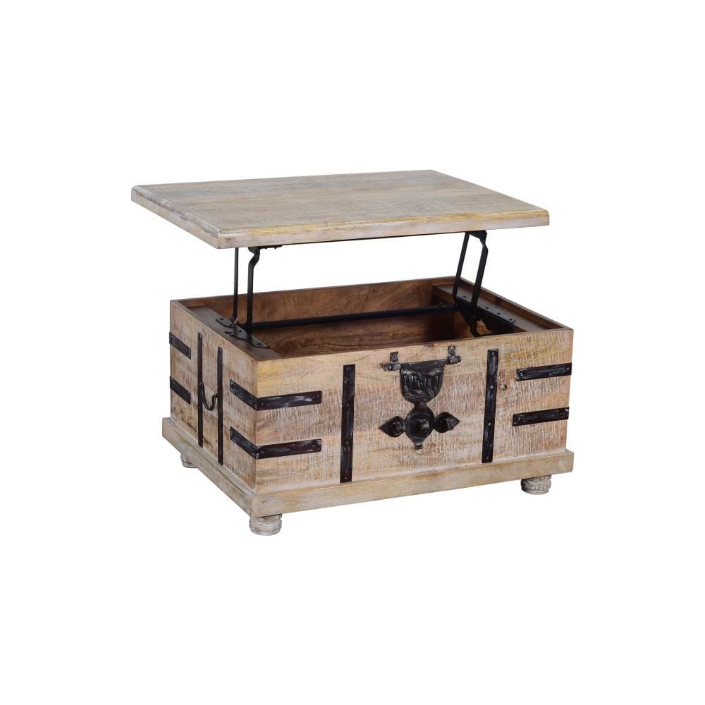 Farmhouse Mango Wood Lift Top Storage Coffee Table with Metal Inlays Brown and Black By The Urban Port UPT-204782