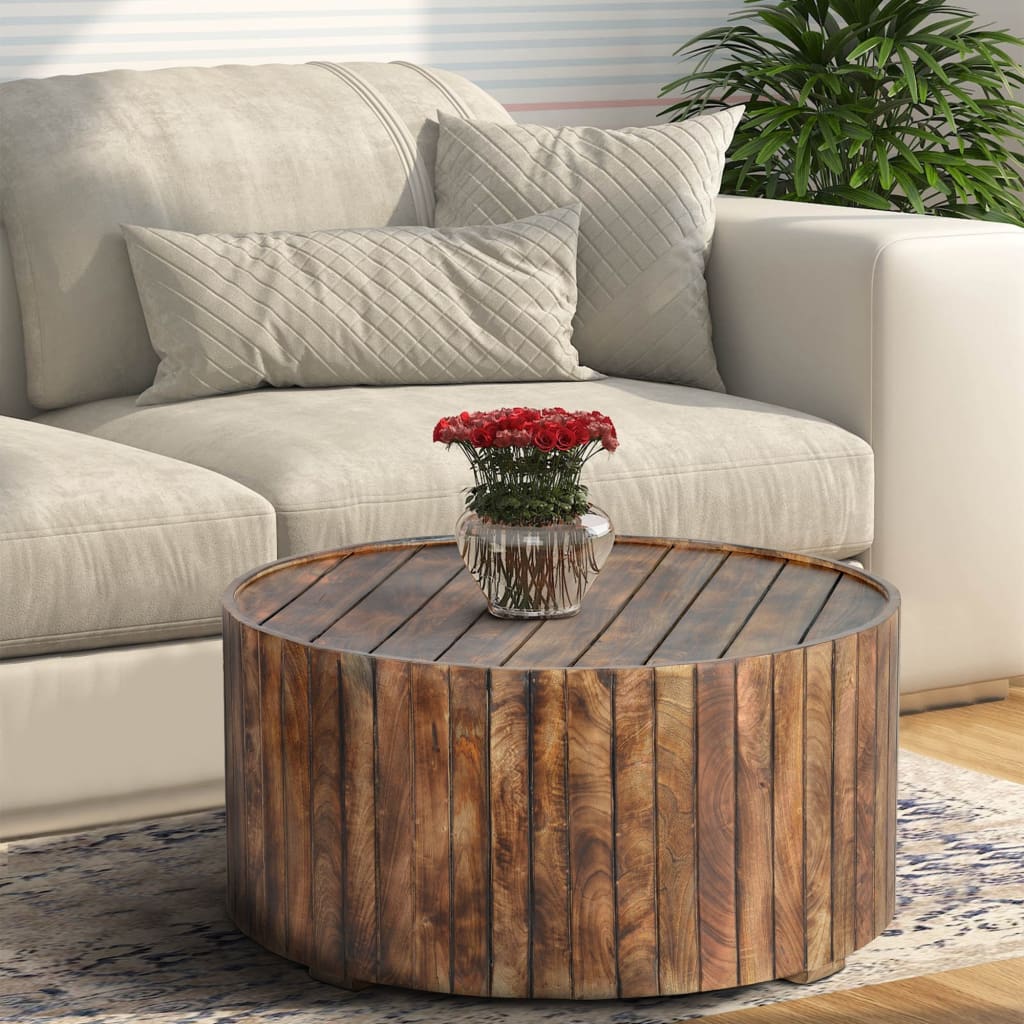 34 Inch Handmade Wooden Round Coffee Table with Plank Design Burned Brown By The Urban Port UPT-204785