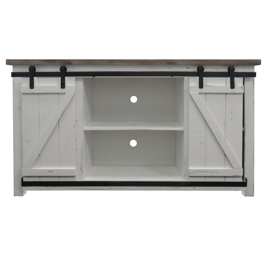 69 Inch Wooden Media Console with Barn Style Sliding Door Brown and White By The Urban Port UPT-205744