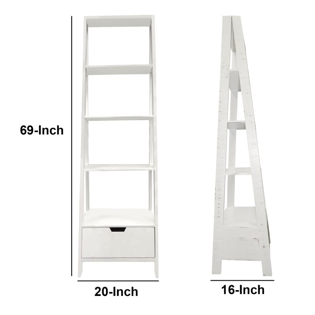 4 Shelf Wooden Ladder Bookcase with Bottom Drawer Distressed white UPT-205750