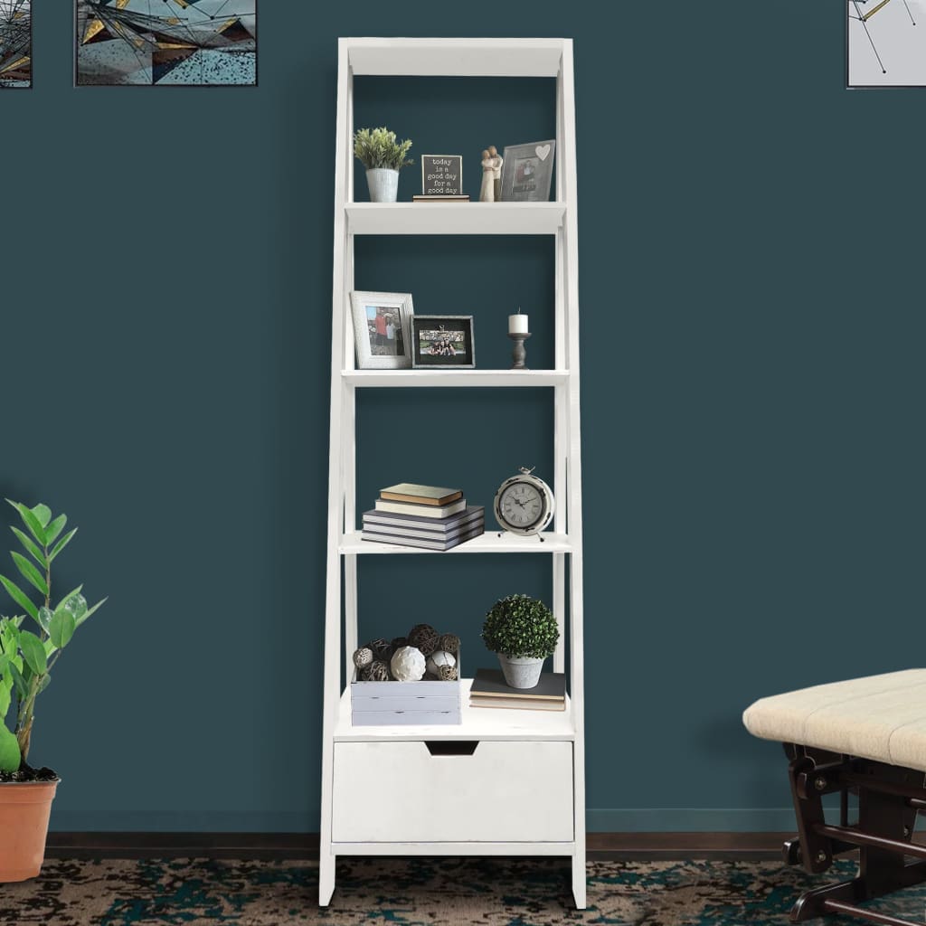 4 Shelf Wooden Ladder Bookcase with Bottom Drawer, Distressed White