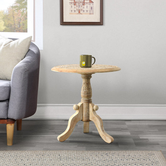 Intricately Carved Round Top Mango Wood Side End Table with Pedestal Base, Brown and White By The Urban Port