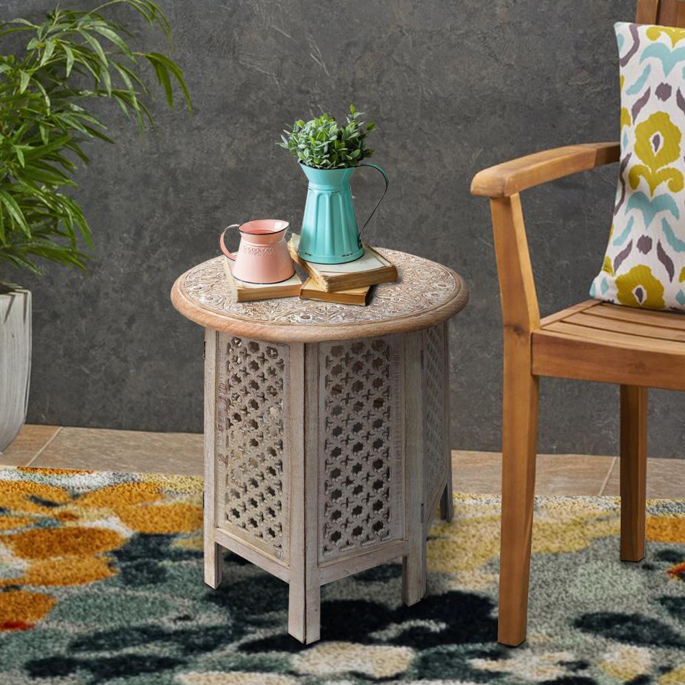 Mesh Cut Out Carved Mango Wood Octagonal Folding Table with Round Top, Antique White and Brown By The Urban Port