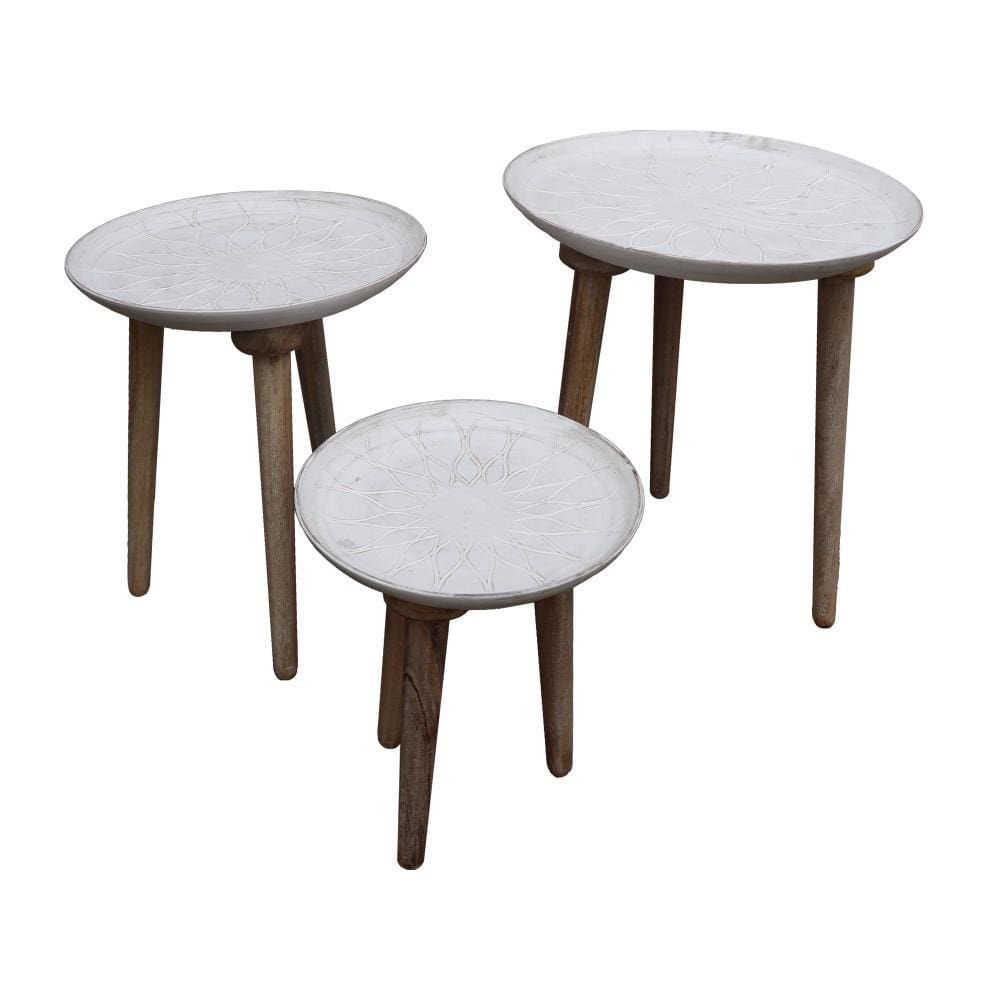 Mango Wood Bowl Top Side End Coffee Table with Angled Tripod Base Set of 3 White and Brown By The Urban Port UPT-209570