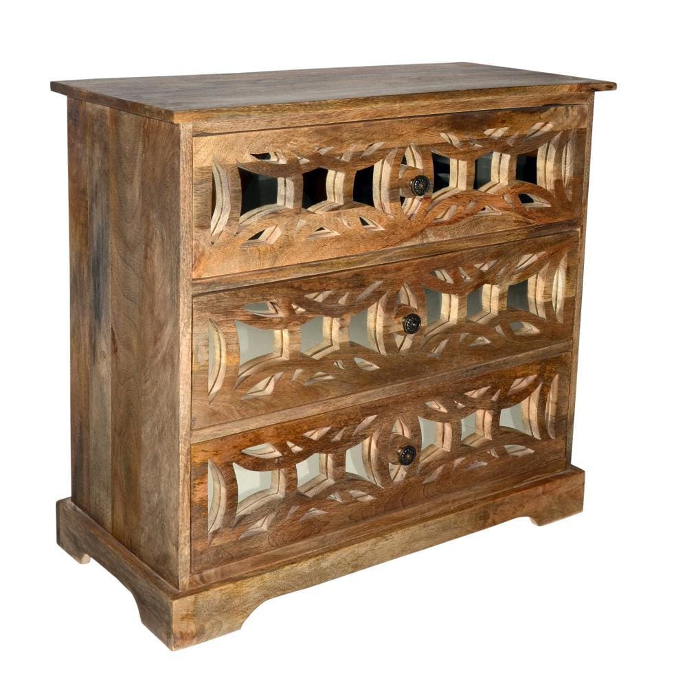 3 Drawer Mango Wood Console Storage Cabinet with Lattice Design Mirror Front Brown By The Urban Port UPT-213131