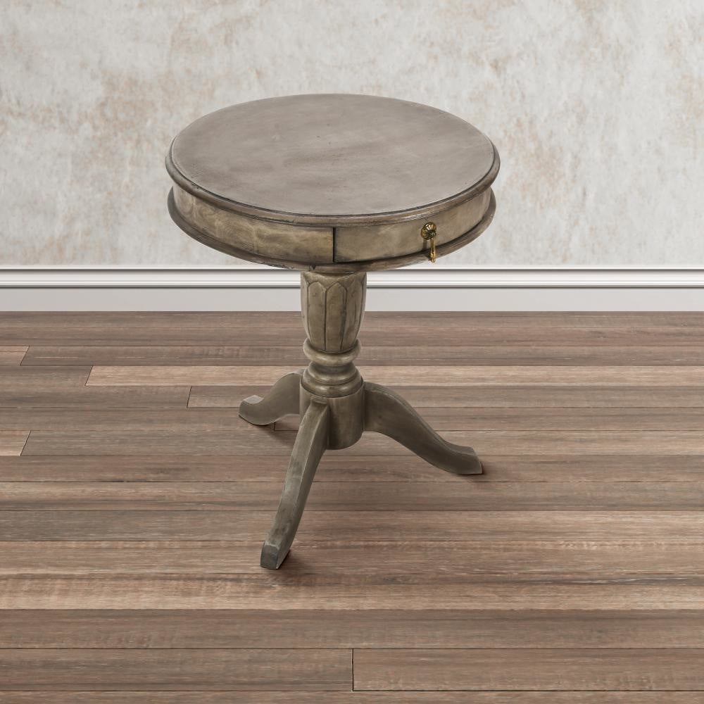 21 Inch Handcrafted Mango Wood Side Table with Drawer Classic Pedestal Base and Round Top Rustic Gray By The Urban Port UPT-213132