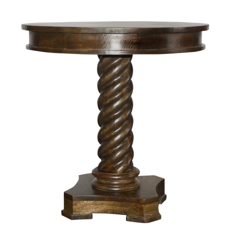 Round Mango Wood Table with Twisted Pedestal Base and Molded Top Dark Brown By The Urban Port UPT-213135