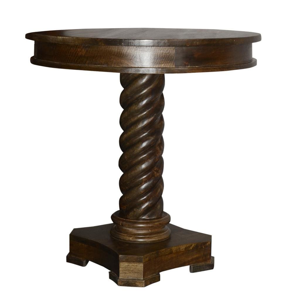 Round Mango Wood Table with Twisted Pedestal Base and Molded Top Dark Brown By The Urban Port UPT-213135