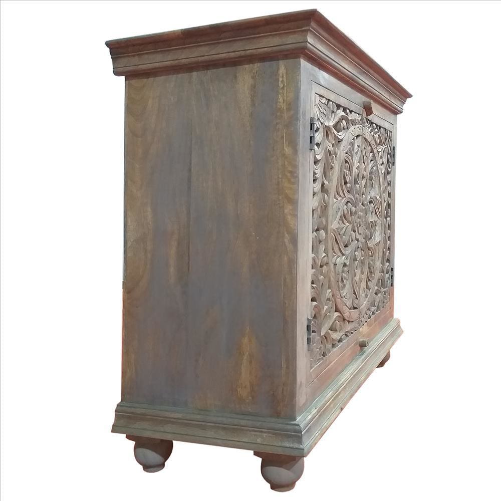 17 Inch Cabinet With 2 Doors And Filigree Cutout Front Brown By The Urban Port UPT-213137