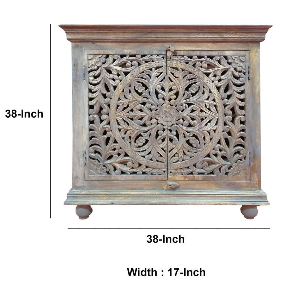 17 Inch Cabinet With 2 Doors And Filigree Cutout Front Brown By The Urban Port UPT-213137