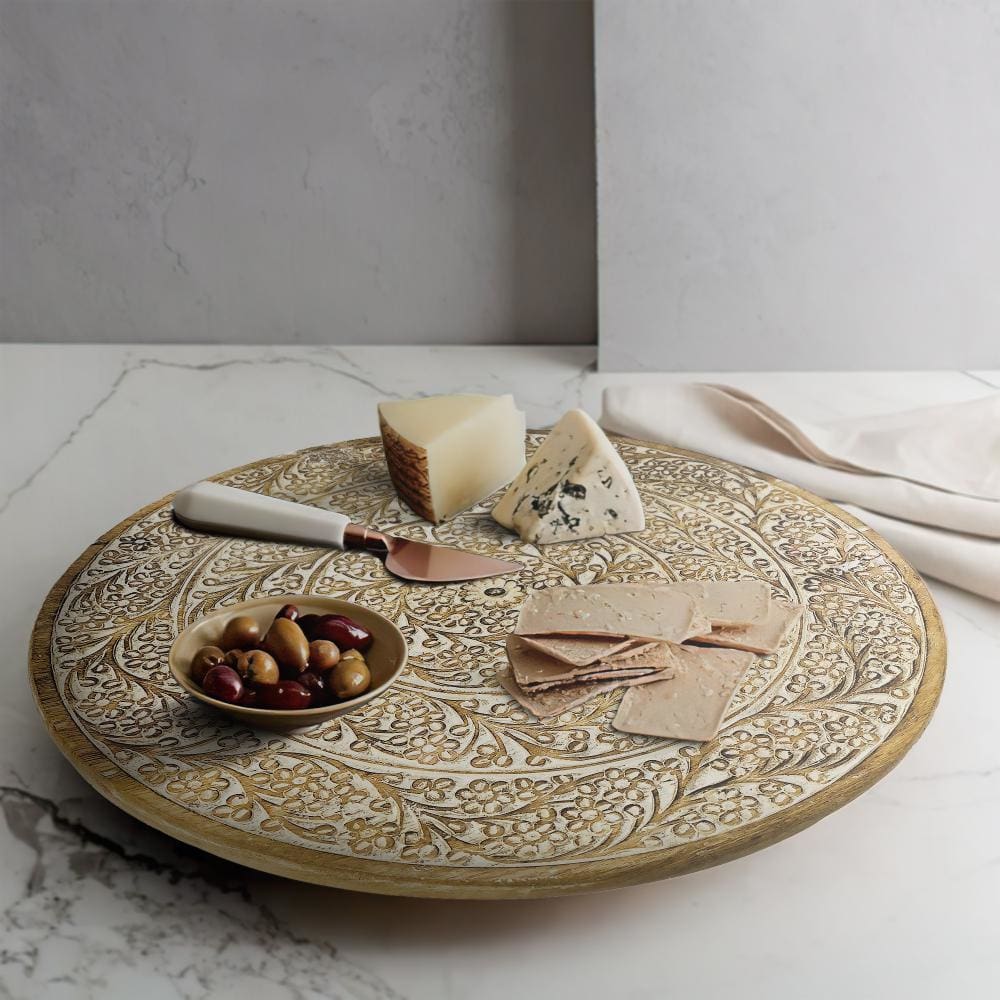 Round Mango Wood Filigree Carved Lazy Susan, Brown By The Urban Port