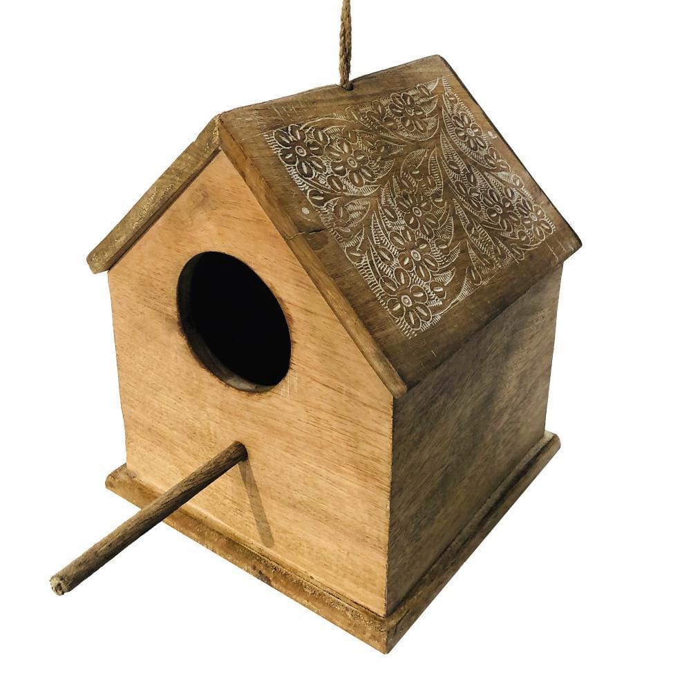 Hut Shape Decorative Mango Wood Hanging Bird House with Engraved Details Distressed Brown By The Urban Port UPT-214885