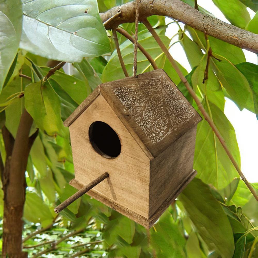 10" Hut Shape Mango Wood Engraved Hanging Bird House, Brown By The Urban Port