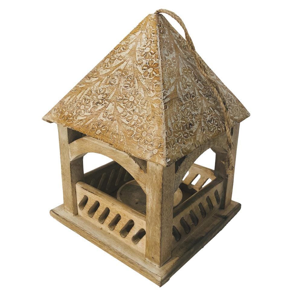 Floral Engraved Decorative Temple Top Mango Wood Hanging Bird House with Feeder Brown By The Urban Port UPT-214886