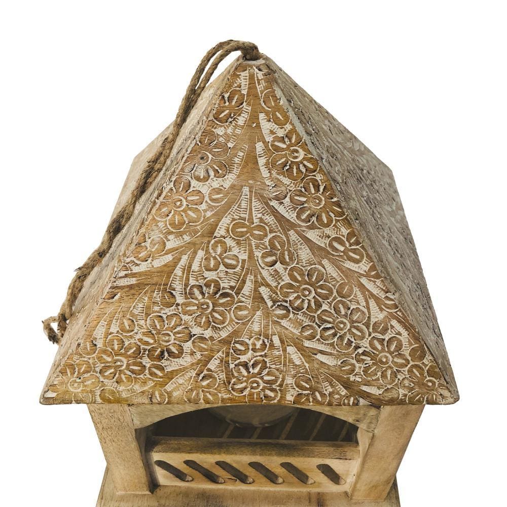 Floral Engraved Decorative Temple Top Mango Wood Hanging Bird House with Feeder Brown By The Urban Port UPT-214886