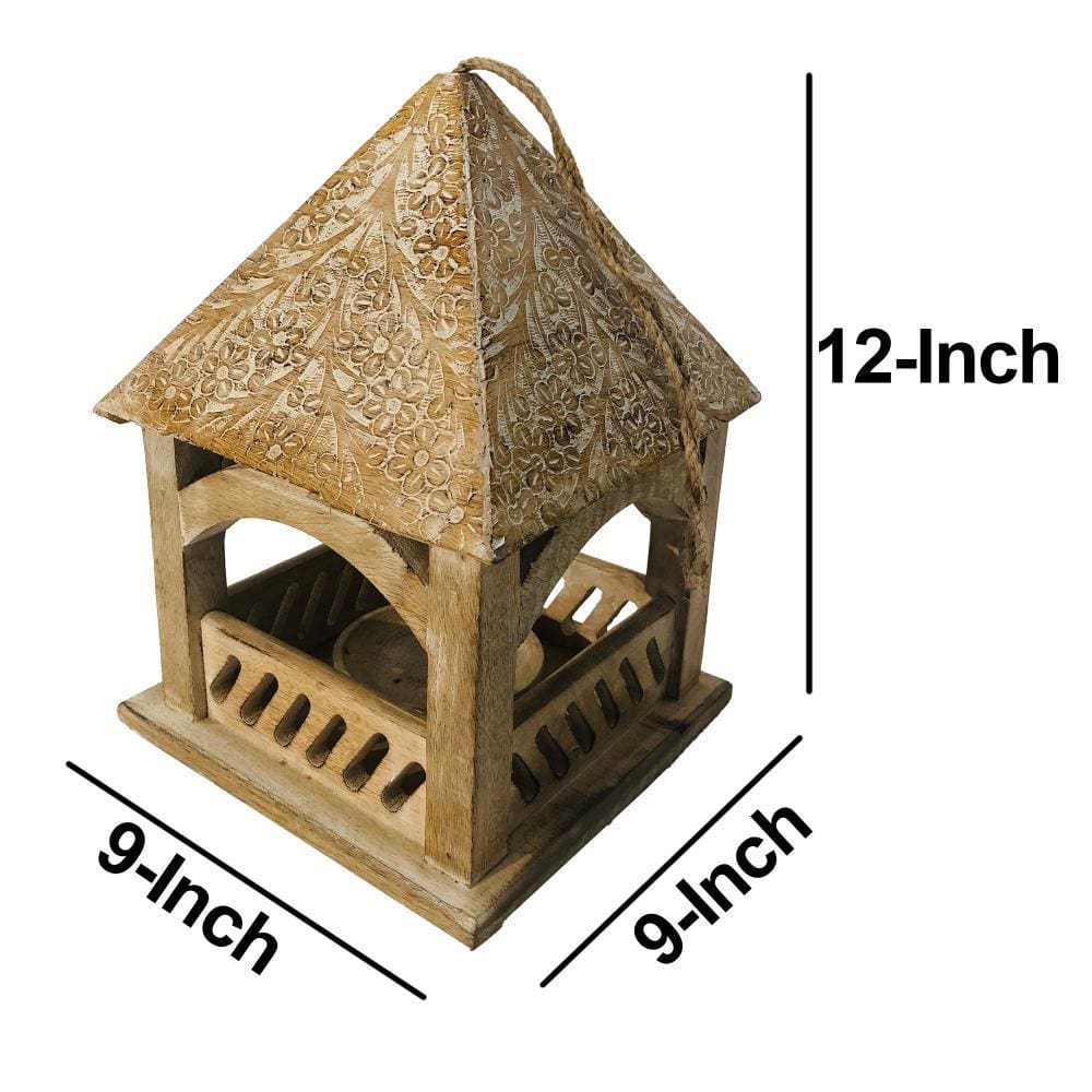 Floral Engraved Decorative Temple Top Mango Wood Hanging Bird House with Feeder Brown By The Urban Port UPT-214886