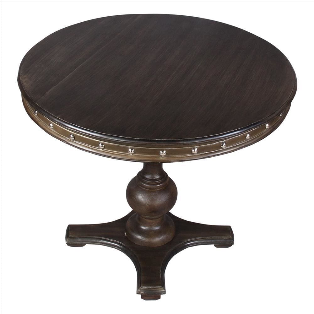 Round Wooden Farmhouse Dining Table with Rivets Accent and Turned Pedestal Base Dark Brown By The Urban Port UPT-215752