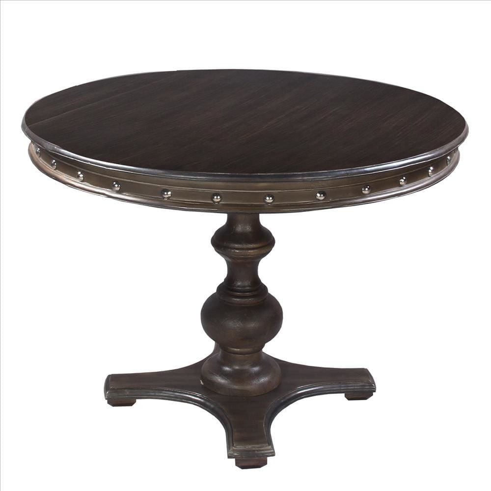 Round Wooden Farmhouse Dining Table with Rivets Accent and Turned Pedestal Base Dark Brown By The Urban Port UPT-215752