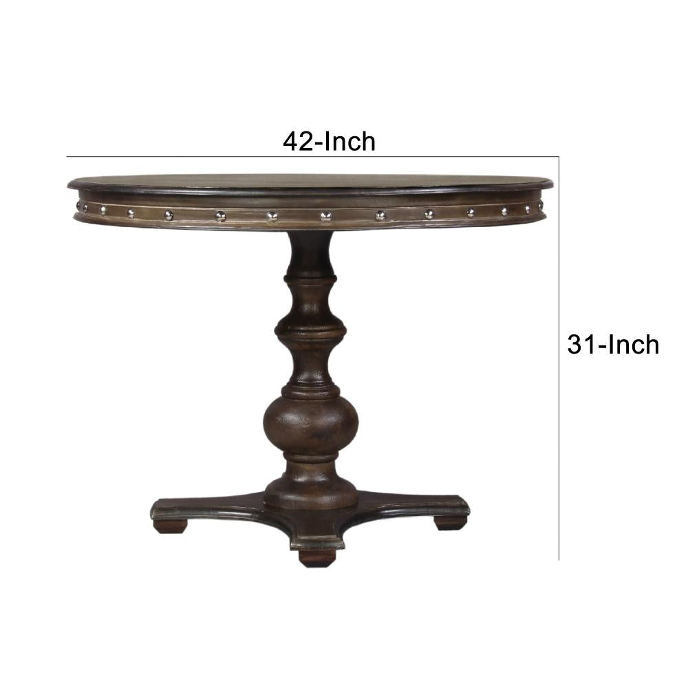 42 Inch Handcrafted Round Mango Wood Dining Table Subtle Rivet Accents Turned Pedestal Base Dark Brown By The Urban Port UPT-215752