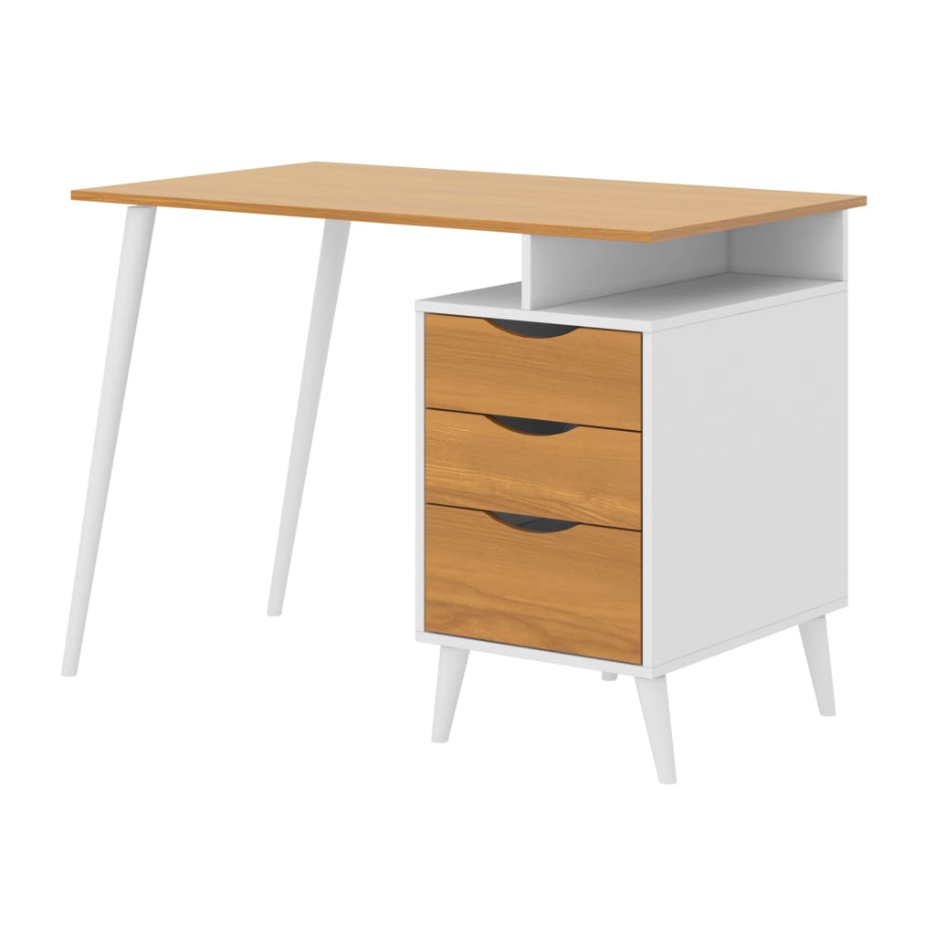 Wooden Office Computer Desk with Angled Legs & Attached File Cabinet White & Brown By The Urban Port UPT-225270