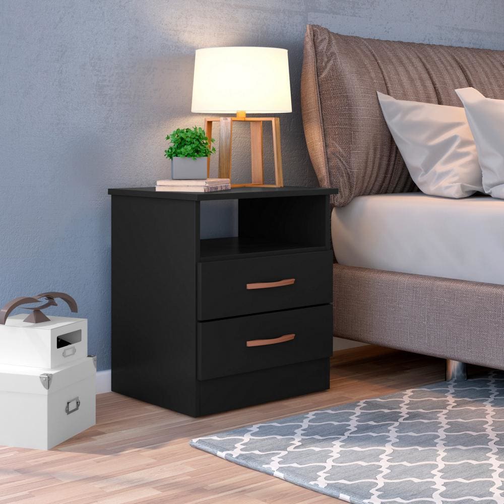 Wooden End Side Table Nightstand with 2 Drawers and 1 Open Compartment Black By The Urban Port UPT-225274