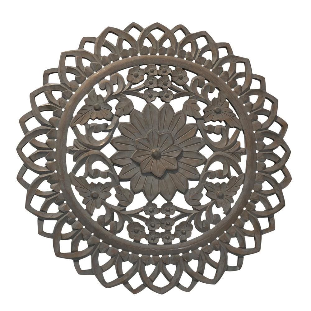 36 Inch Handcarved Wooden Round Wall Art with Floral Carving Distressed Brown By The Urban Port UPT-225288