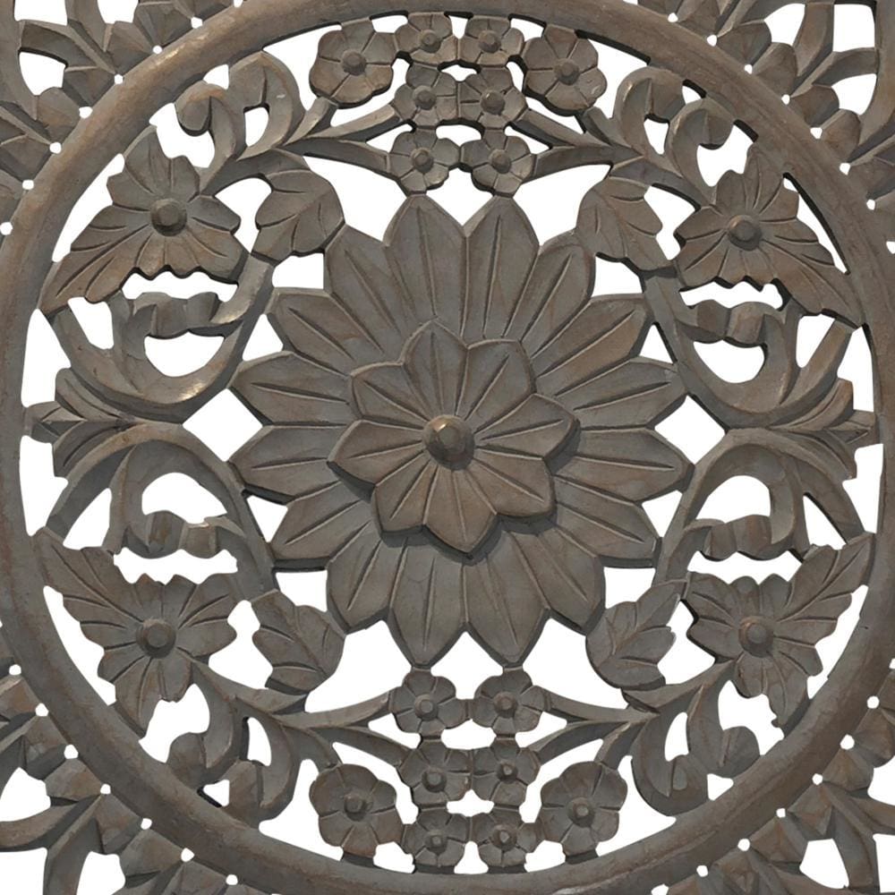 36 Inch Handcarved Wooden Round Wall Art with Floral Carving Distressed Brown By The Urban Port UPT-225288