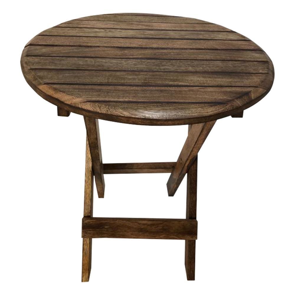 Farmhouse Wooden Round Folding Chair Side End Table with Planked Top Rustic Brown By The Urban Port UPT-225289