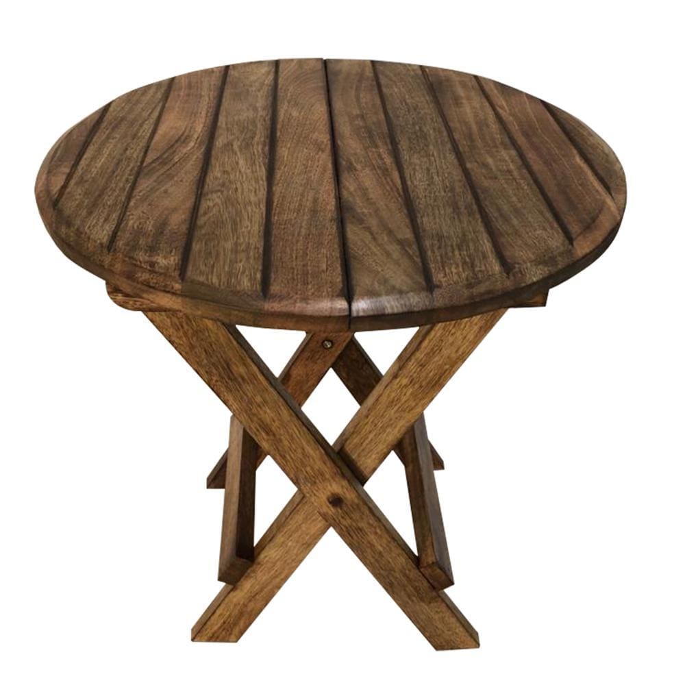 Farmhouse Wooden Round Folding Chair Side End Table with Planked Top Rustic Brown By The Urban Port UPT-225289