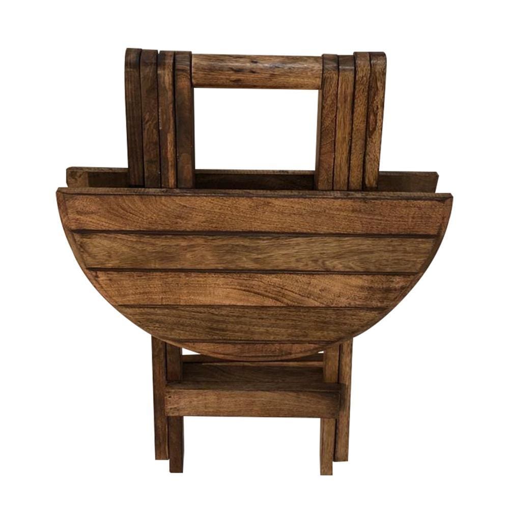 Farmhouse Wooden Round Folding Chair Side End Table with Planked Top Rustic Brown By The Urban Port UPT-225289