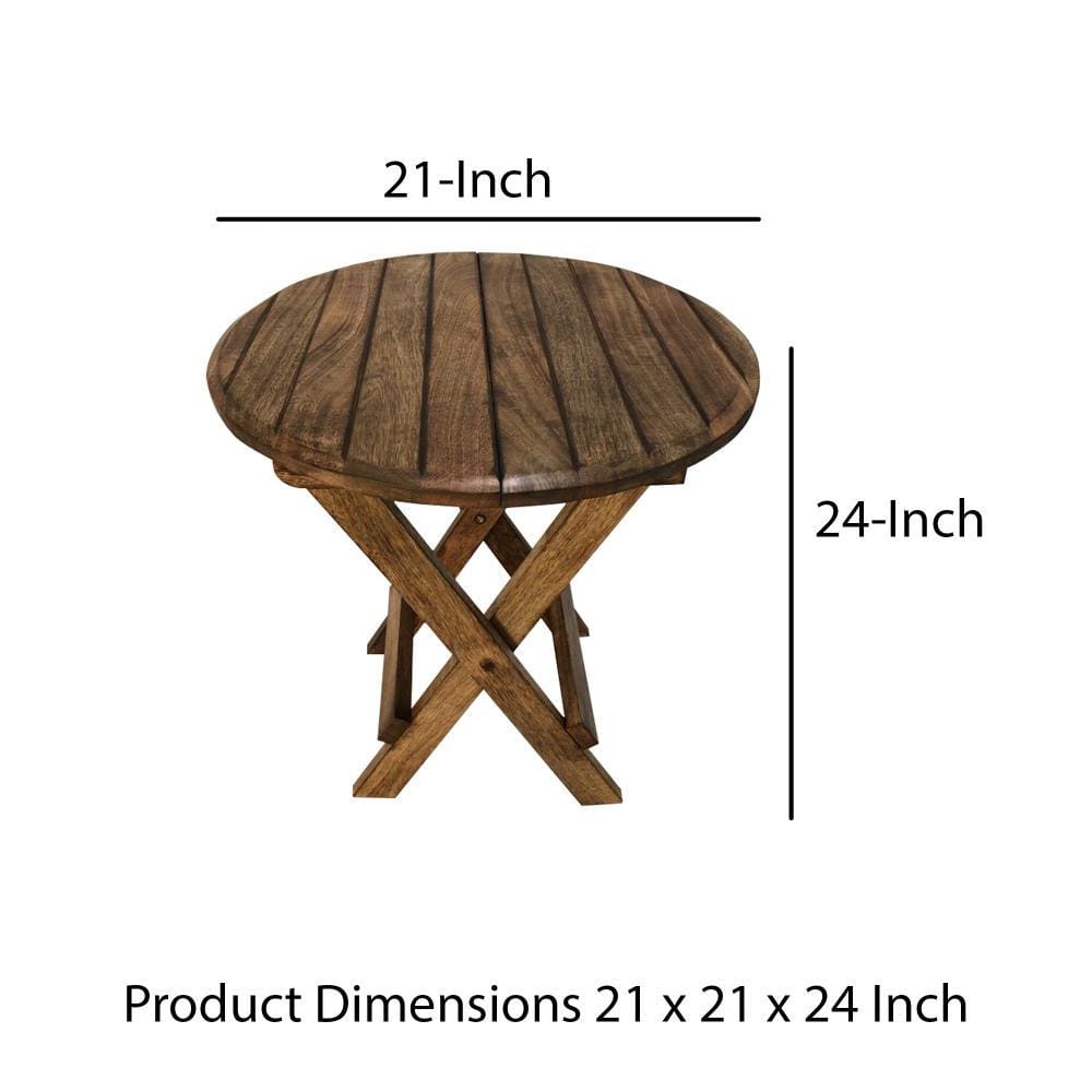 Farmhouse Wooden Round Folding Chair Side End Table with Planked Top Rustic Brown By The Urban Port UPT-225289